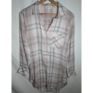 Anthropologie Cloth & Stone Womens Pink Plaid Long Sleeve Button Up Tunic Top XS